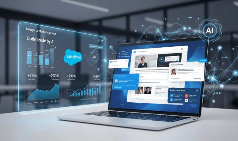 Portátil mostrando panel de métricas y personalización de contenidos mediante IA en email marketing con Salesforce Marketing Cloud